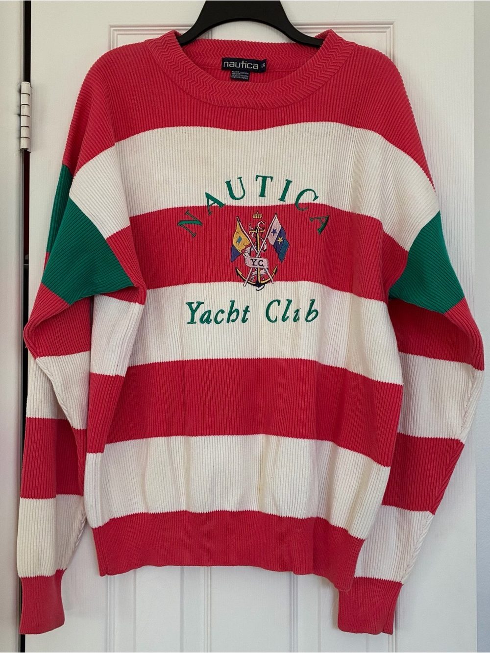 Vtg 80s 90s Nautica Yacht Club Colorblock Flag Knit Sweater Sailing Boat Pink -L